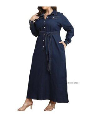 Plus Size Denim Maxi Dress Button Up V Neck Long Sleeve A-Line Jean Dress